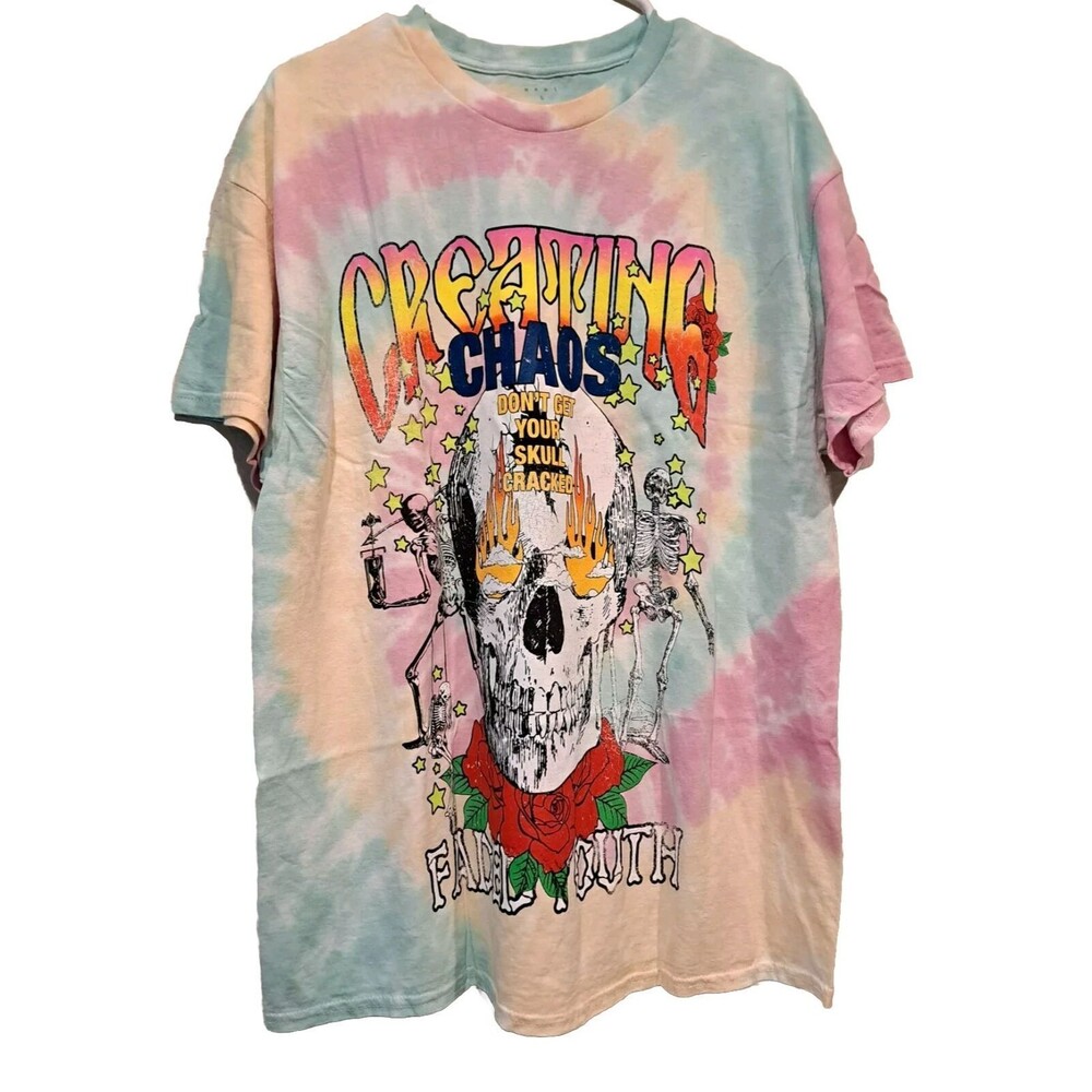 MNML Creating Chaos Fiery Skull Print Tie Dye Punk Tee Faded Men's Size L New!